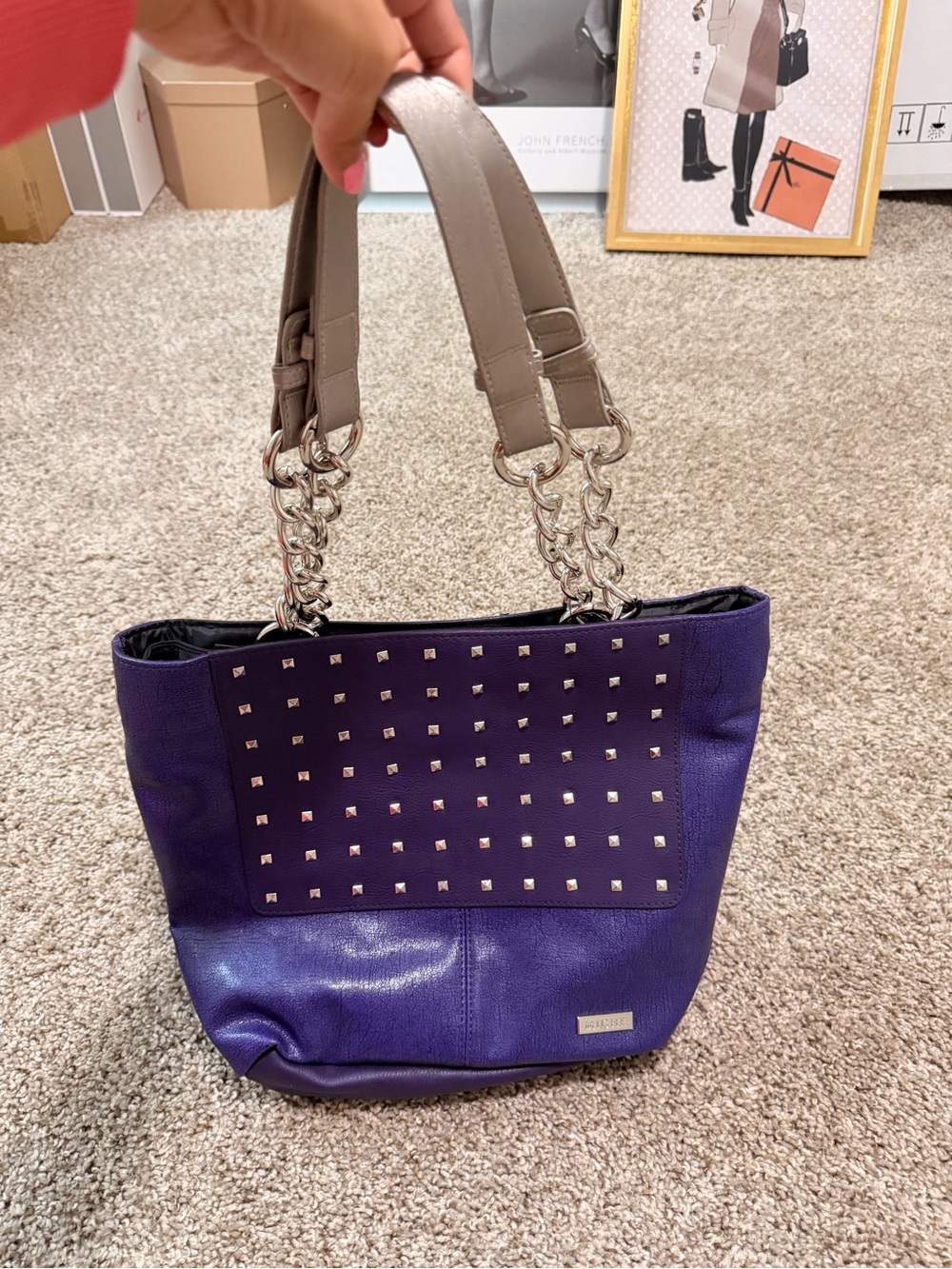Purple Studded Tote Bag with Taupe Chain Handles